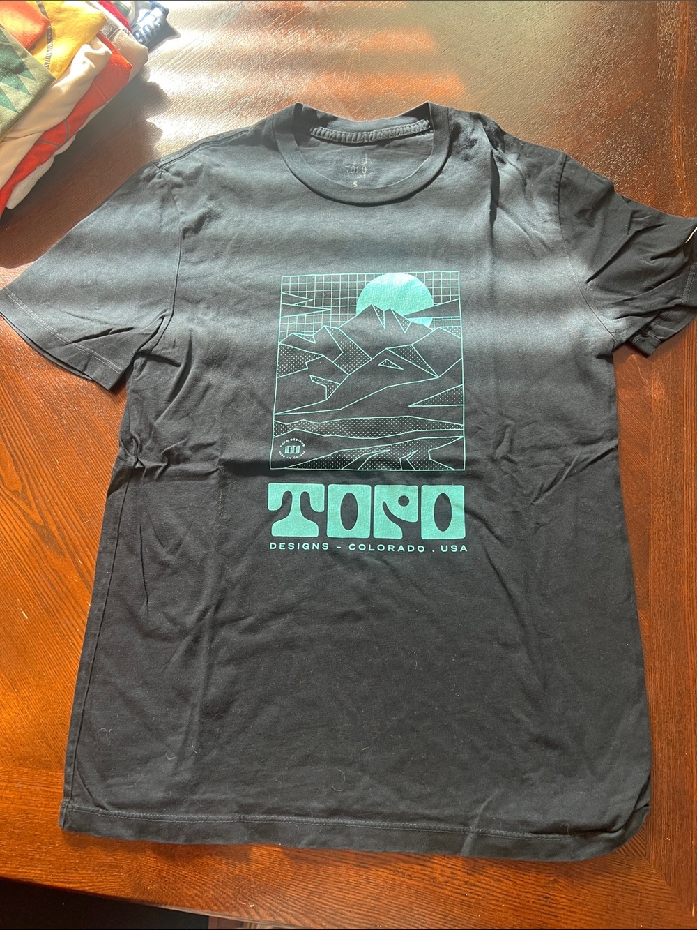 Topo Designs Black Tee with Teal Mountain Graphic